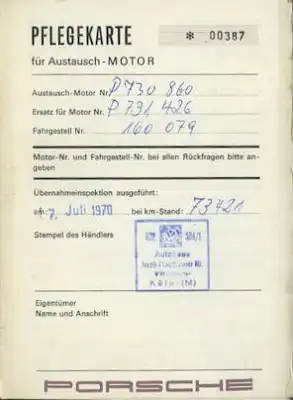 Porsche Kundendienstheft für 1600 ccm Austausch-Motor 8.1966