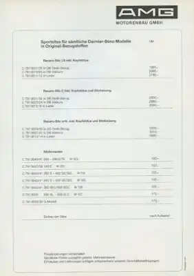 Mercedes-Benz AMG Sportsitze Preisliste 1984