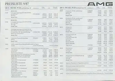 Mercedes-Benz AMG W 126 Preisliste 9.1987