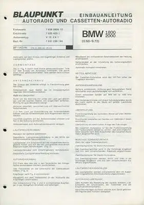 BMW 1800 2000 Autoradio Blaupunkt Einbauanleitung 1970er Jahre