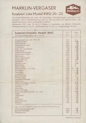 Marklin Vergaser Ersatzteilliste Type RWG 20-22 9.1949