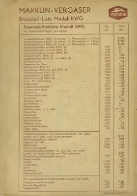 Marklin Vergaser Ersatzteilliste Type RWG 22-26 5.1955