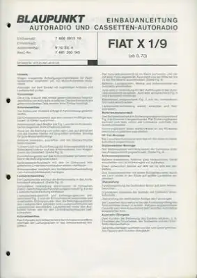Fiat X1/9 Autoradio Blaupunkt Einbauanleitung 8.1973
