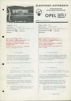 Opel Kapitän Admiral Diplomat Autoradio Blaupunkt Einbauanleitung 1966-1970