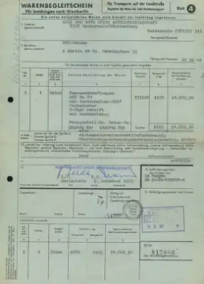 NSU RO 80 Warenbegleitschein 11.1969