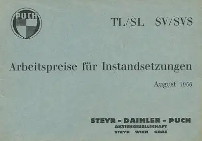 Puch TL/SL SV/SVS Arbeitspreise für Instandsetzung 8.1956