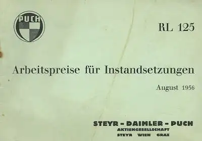 Puch RL 125 Arbeitspreise für Instandsetzung 8.1956
