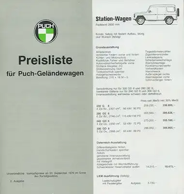 Mercedes-Benz / Puch G Preisliste 9.1979