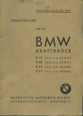 BMW R 51 R 66 R 61 R 71 Ersatzteilliste 8.1939