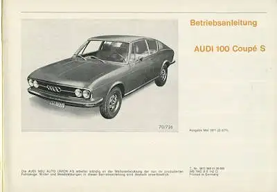 Audi 100 Coupé S Bedienungsanleitung 7.1970