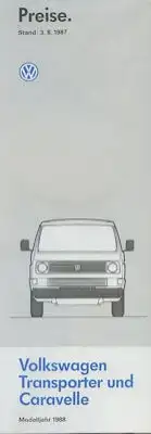 VW T 3 Transporter und Caravelle Preisliste 8.1987
