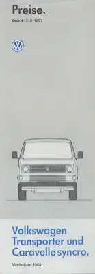 VW T 3 Transporter und Caravelle syncro Preisliste 8.1987