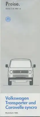 VW T 3 Transporter und Caravelle syncro Preisliste 8.1987 a)