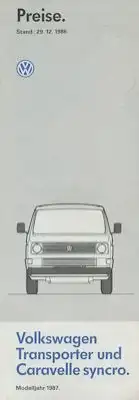 VW T 3 Transporter und Caravelle syncro Preisliste 12.1986