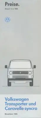 VW T 3 Transporter und Caravelle syncro Preisliste 4.1988