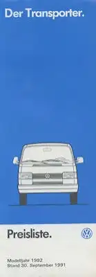 VW T 4 Transporter Preisliste 9.1991