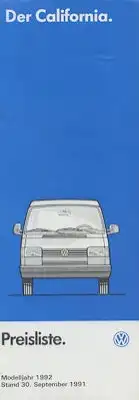 VW T 4 California Preisliste 9.1991