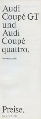 Audi Coupé GT / Coupé Quattro Preisliste 11.1986