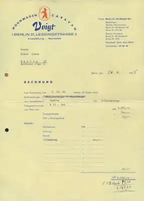 Sprite Wohnwagen Rechnung 1965