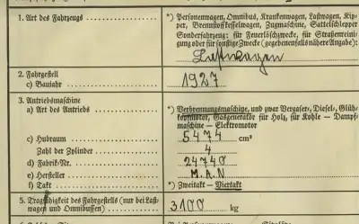 MAN 5474ccm Baujahr 1927 Kfz-Brief von 1934