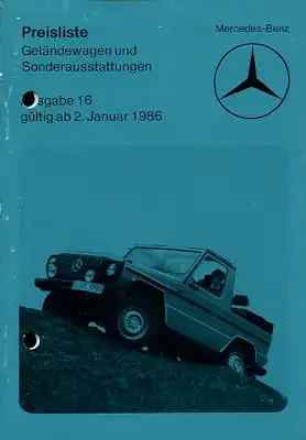 Mercedes-Benz Preisliste G und Sonderausstattung 1.1986