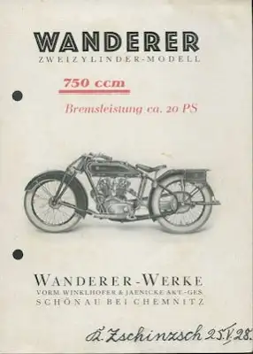 Wanderer Zweizylinder-Modell 750 ccm 20 PS Prospekt 1.1928