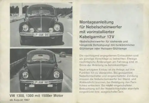 VW Käfer Montageanleitung Nebelscheinwerfer 1968