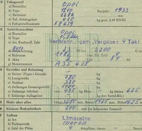 Opel 1,2 Liter Original DDR-Fahrzeugbrief 1933/1957