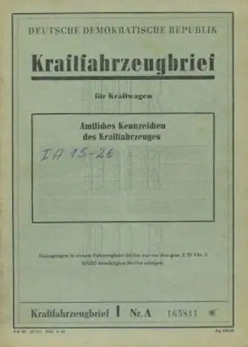 Opel 1,2 Liter Original DDR-Fahrzeugbrief 1933/1957