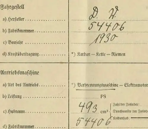 D-Rad 493 ccm Original Fahrzeugbrief 1930/37