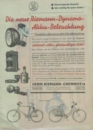 Riemann Dynamo Akku Rad Beleuchtung Prospekt 1930er Jahre