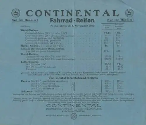 Continental Fahrrad Reifen Preisliste 11.1920