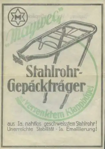 Mayweg Stahlrohr Gepäckträger Prospekt 1934