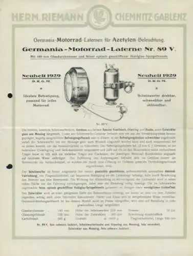 Riemann Motorrad Azetylen Beleuchtung Prospekt 1929