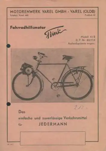 Flink Fahrradhilfsmotor Prospekt 1951