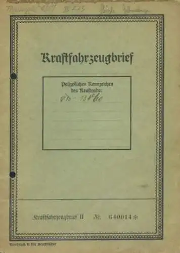 Triumph 98 ccm original Fahrzeugschein 1937