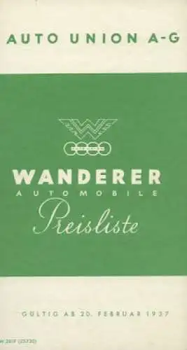 Wanderer Automobil Preisliste 2.1937