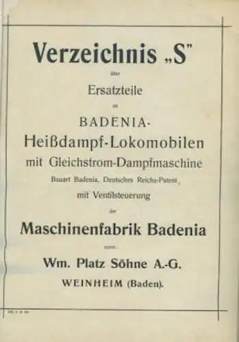 Badenia Heissdampf Lokomobilen Katalog 1916