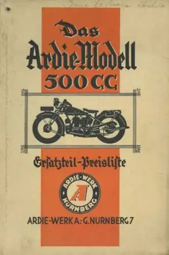 Ardie Modell 500 c.c. / SV Ersatzteilliste 3.1929