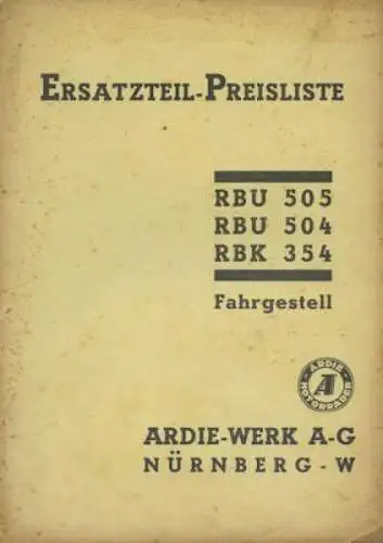 Ardie RBU 505 504 RBK 354 Ersatzteilpreisliste ca. 1936