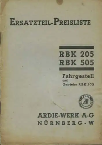 Ardie RBK 205 505 Ersatzteilpreisliste ca. 1936