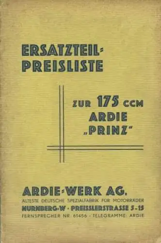 Ardie Prinz 175 ccm Ersatzteil-Preisliste 10.1932