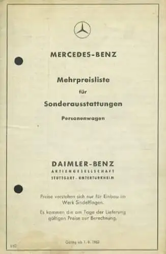 Mercedes-Benz Preisliste 8.1962