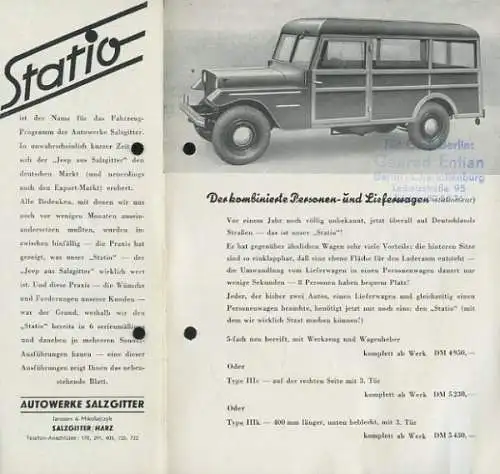 Statio Jeep / Salzgitter 4 Prospekte ca. 1950