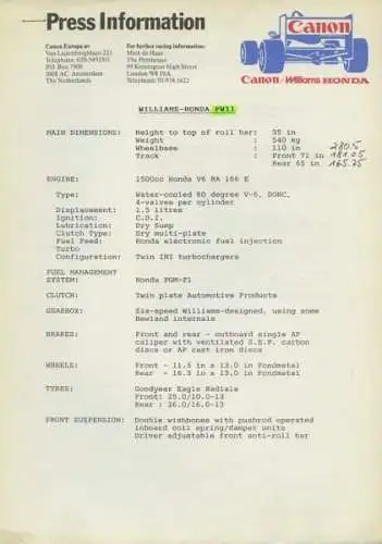 Williams Honda F 1 Pressemappe 1986