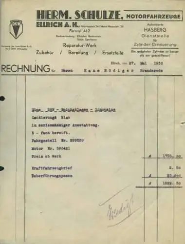 Hermann Schulze, Ellrich Rechnung DKW Reichsklasse von 1936