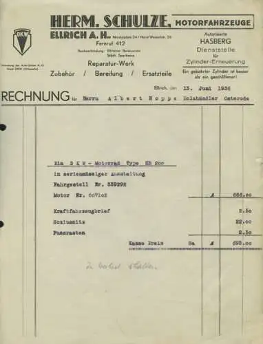 Hermann Schulze, Ellrich Rechnung DKW SB 200 von 1936