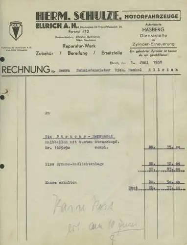 Hermann Schulze, Ellrich Rechnung Dürkopp Herrenrad von 1938