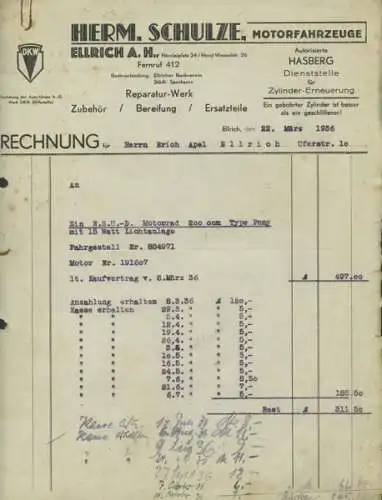 Hermann Schulze, Ellrich Rechnung NSU Pony 200 von 1936