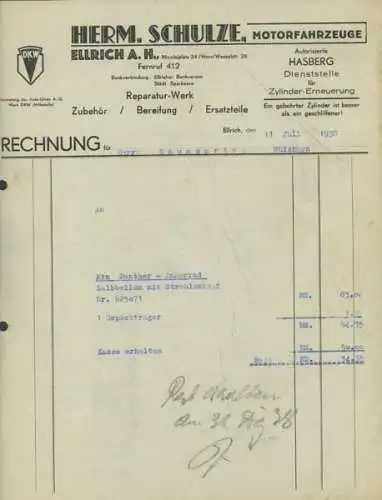 Hermann Schulze, Ellrich Rechnung Panther Damenrad von 1938